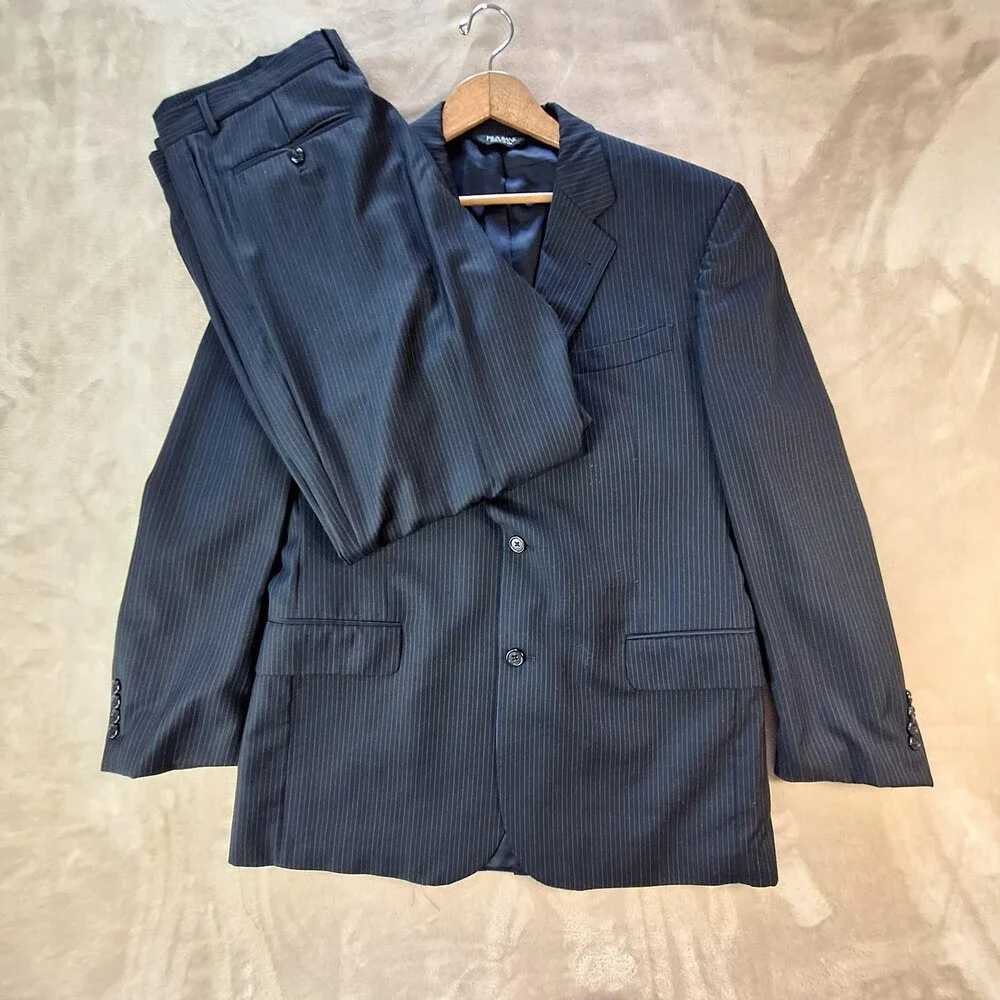Jos A Bank Suit Mens 42R Blue Wool Stripe Single Vent 2 Button Signature 34x29